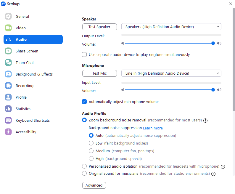 Zoom audio setup